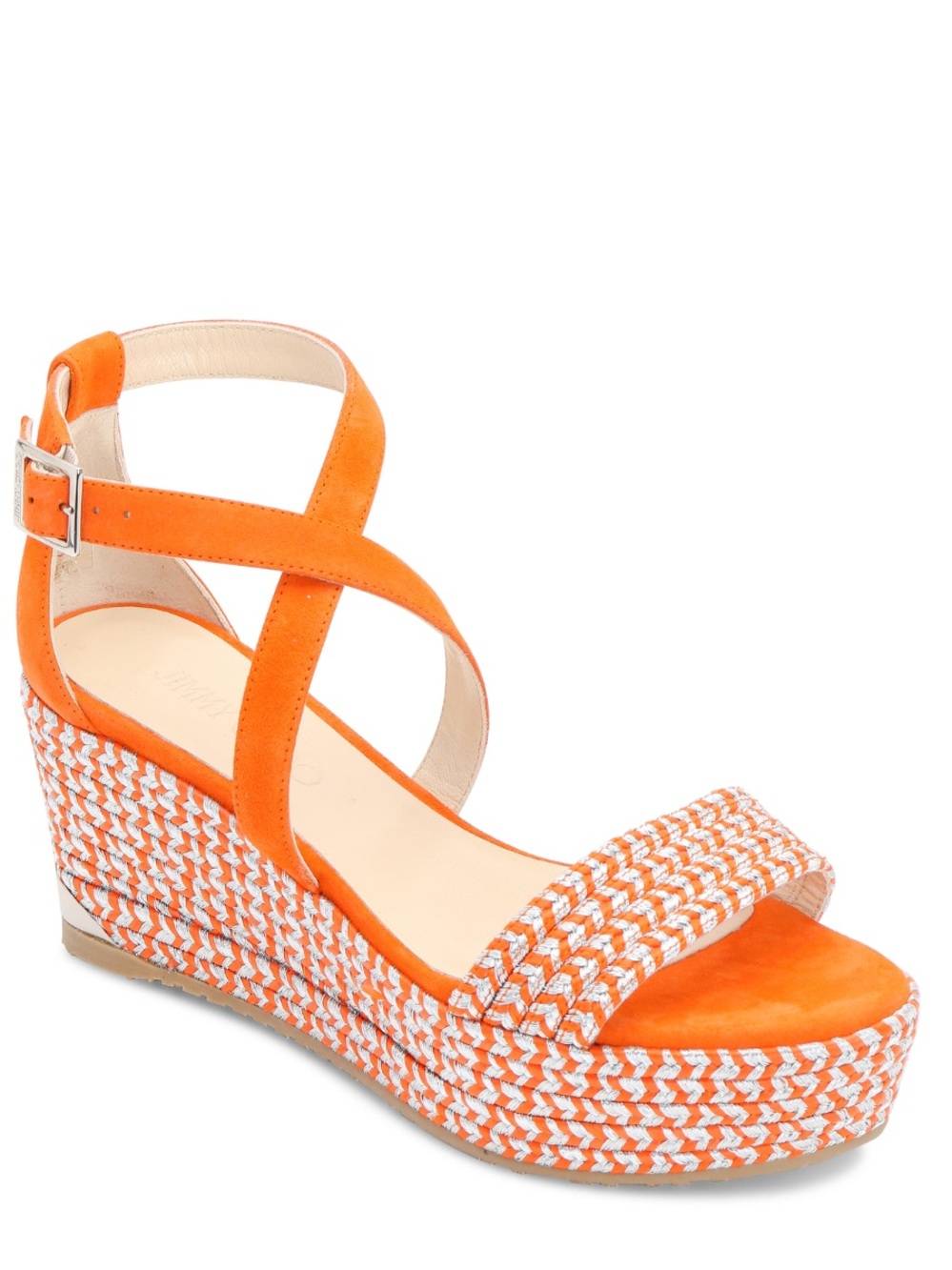 Jimmy Choo Portia Pop Orange Suede Woven Strap Wedge Sandals IT 39.5